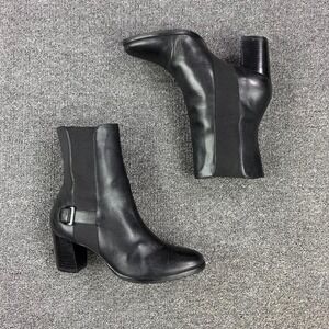 Cole Haan Black Leather Pull On Buckle Campus Heel Boots Women's Size 9 B